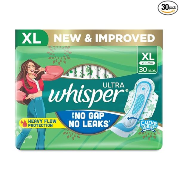 Whisper Ultra Clean Sanitary Pads for Women – XL, Pack of 30 Napkins